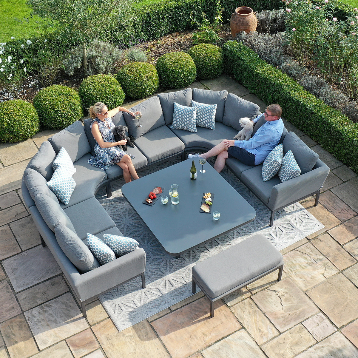 Maze - Outdoor Fabric Pulse U Shape Corner Dining Set with Rising Table- Flanelle