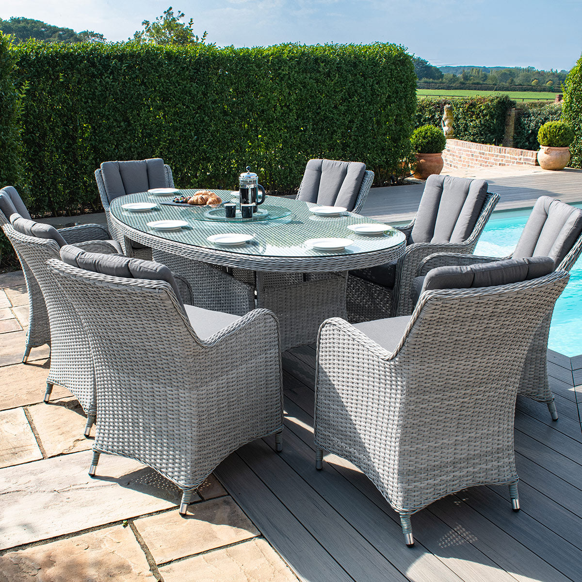 Maze - Ascot 8 Seat Oval Rattan Dining Set with Lazy Susan & Weatherproof Cushions